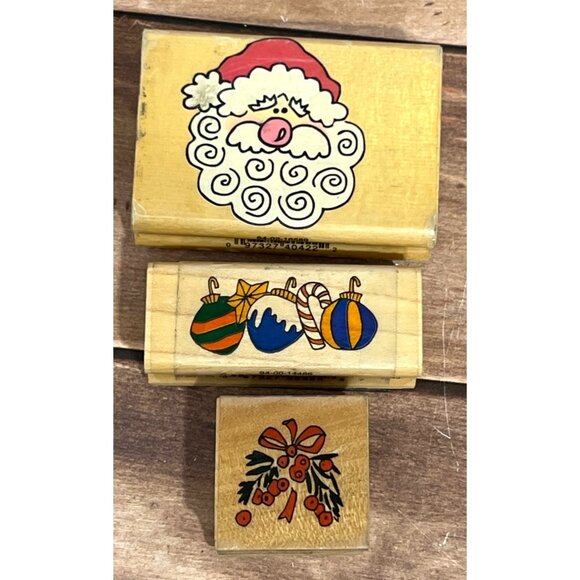 VINTAGE SET OF 3 WOOD MOUNT RUBBER STAMPS SANTA ORNAMENT MISTLETOE BY WESTWATER - Picture 1 of 6